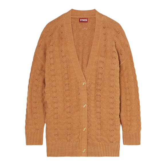 Staud Blake Oversized Pointelle Knit Cardigan Sweater in Whiskey (L) - Picture 2 of 14